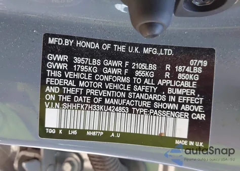 2019 Honda Civic Lx z USA, uszkodzony, nr VIN SHHFK7H33KU424853